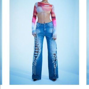 Jaded London Indigo Wash Macrame Lace Up Baggy Jeans